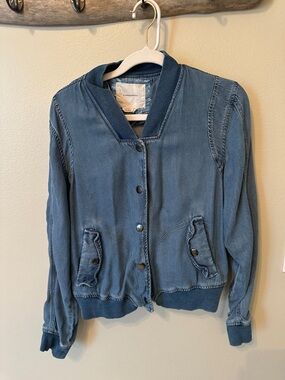 Anthropologie Washed Light Blue Denim-Style Bomber Jacket